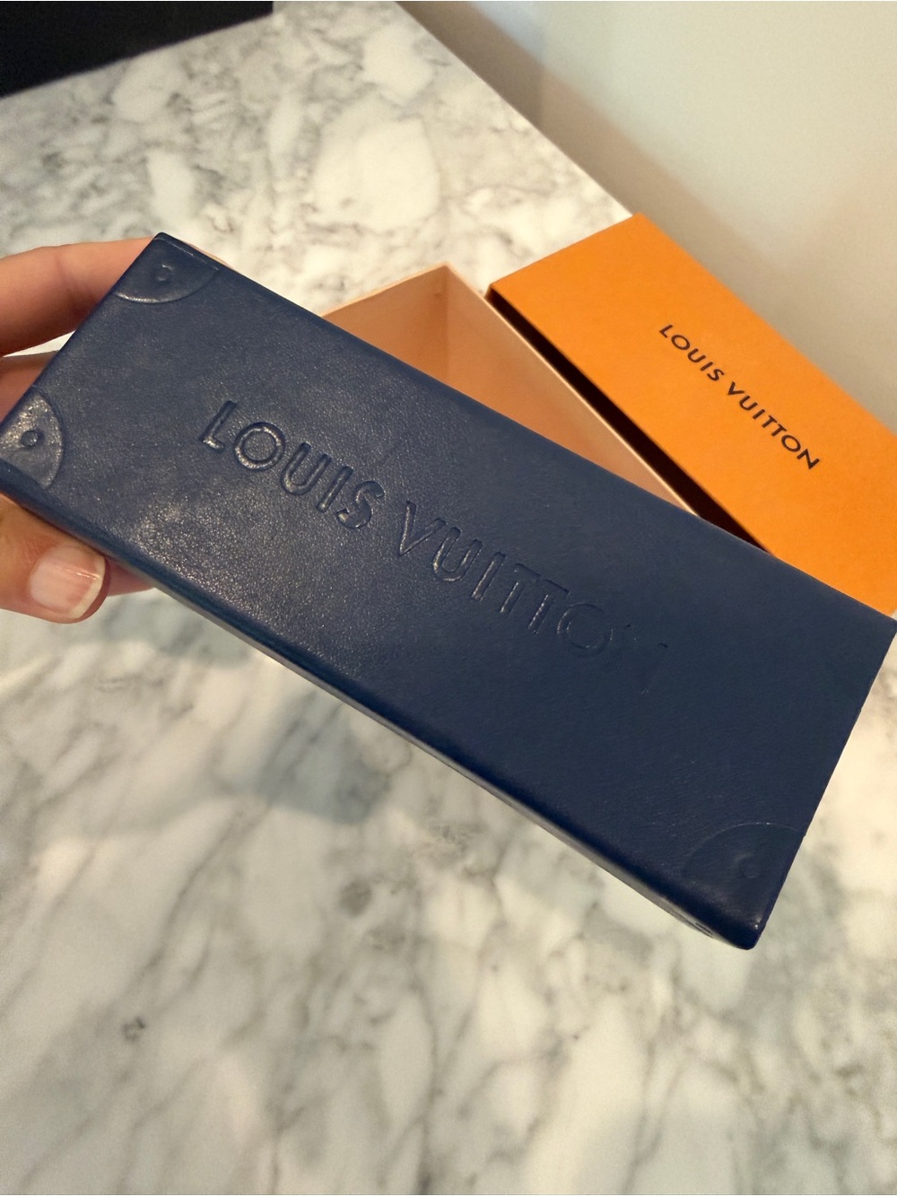 Louis Vuitton Dark Blue Leather Eyewear Sunglasses Trunk Case and Orange Box
